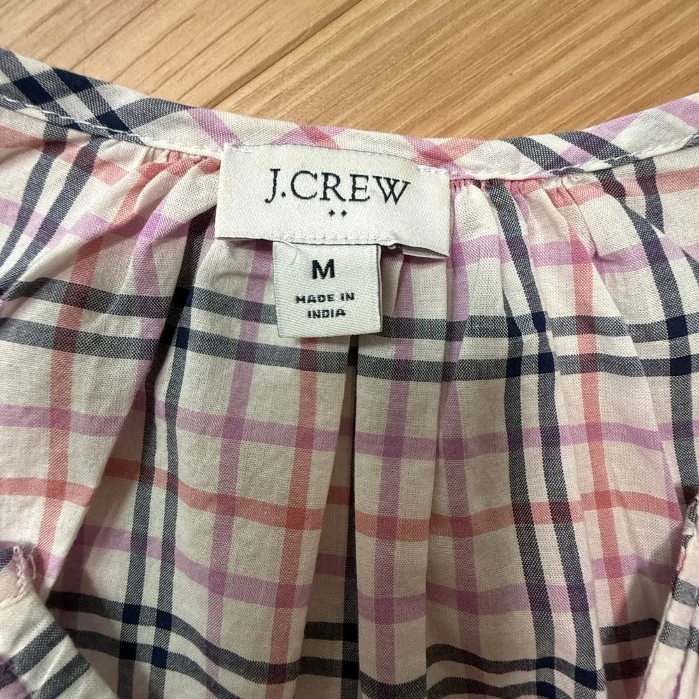 J. Crew Plaid Ruffled Balloon Sleeve Top Womens‎ Medium Pink Purple Crochet Trim